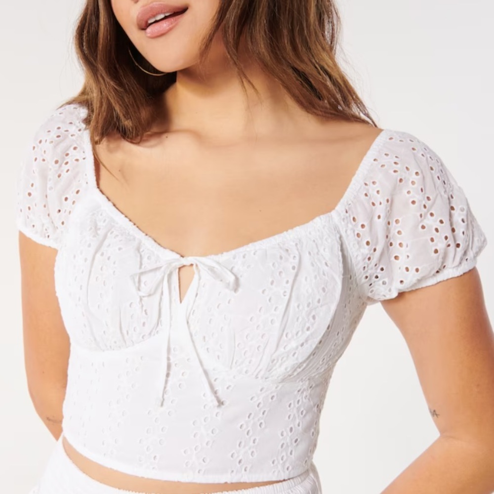 hollister white ruched eyelet crop top